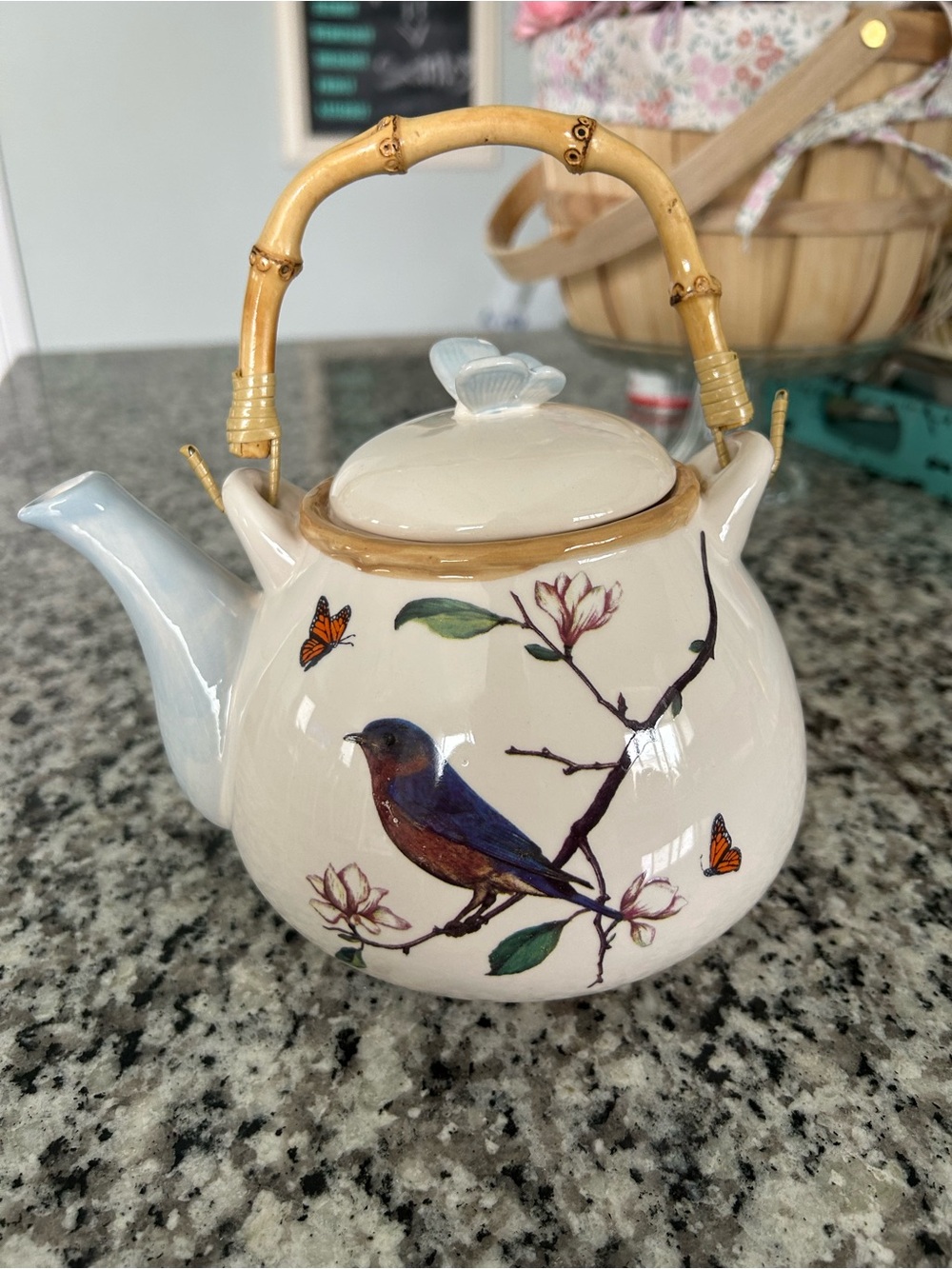 Cute Teapot White Ceramic Bird & Butterfly Design with Bamboo Handle